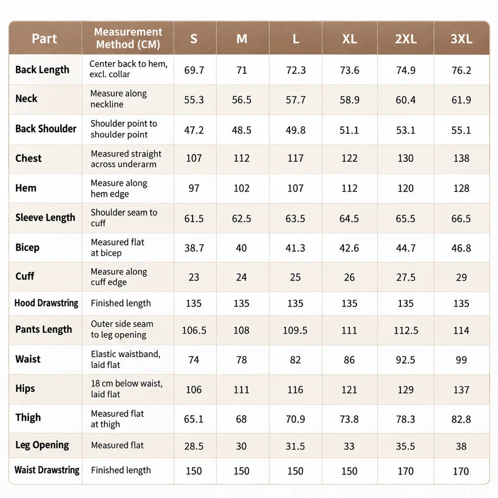 Hoodie & jogger set size chart (cm)