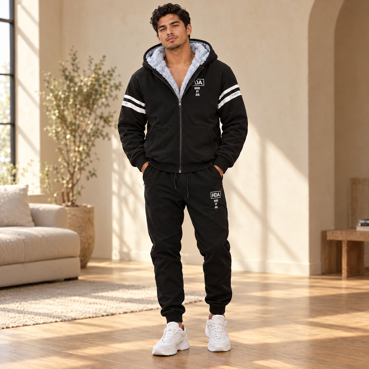 Men's fleece-lined zip hoodie & jogger set in Black