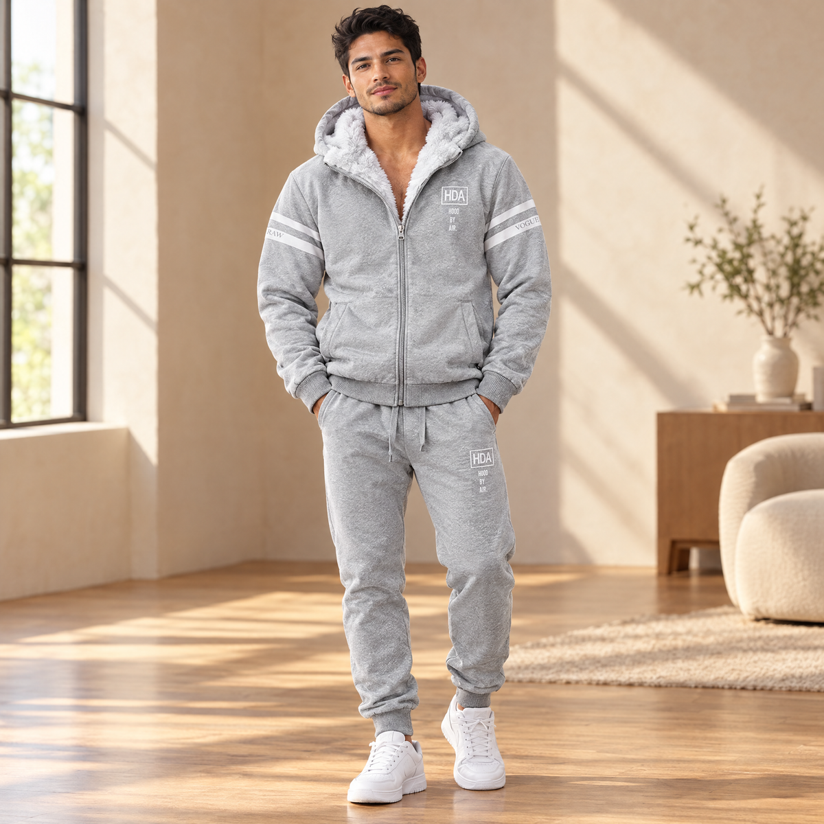 Men's fleece-lined zip hoodie & jogger set in Light Gray