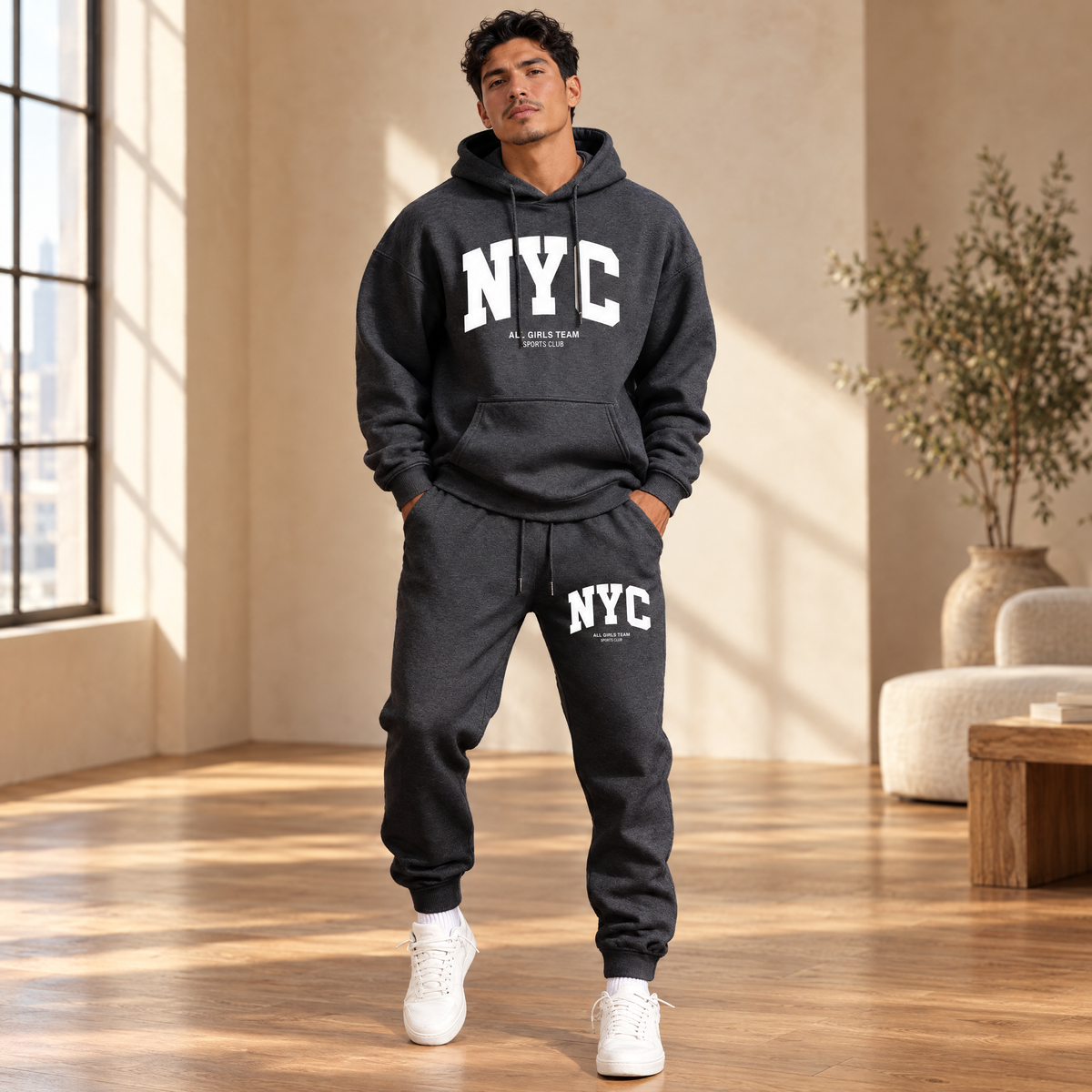 Men's NYC print hoodie & jogger set in Gray