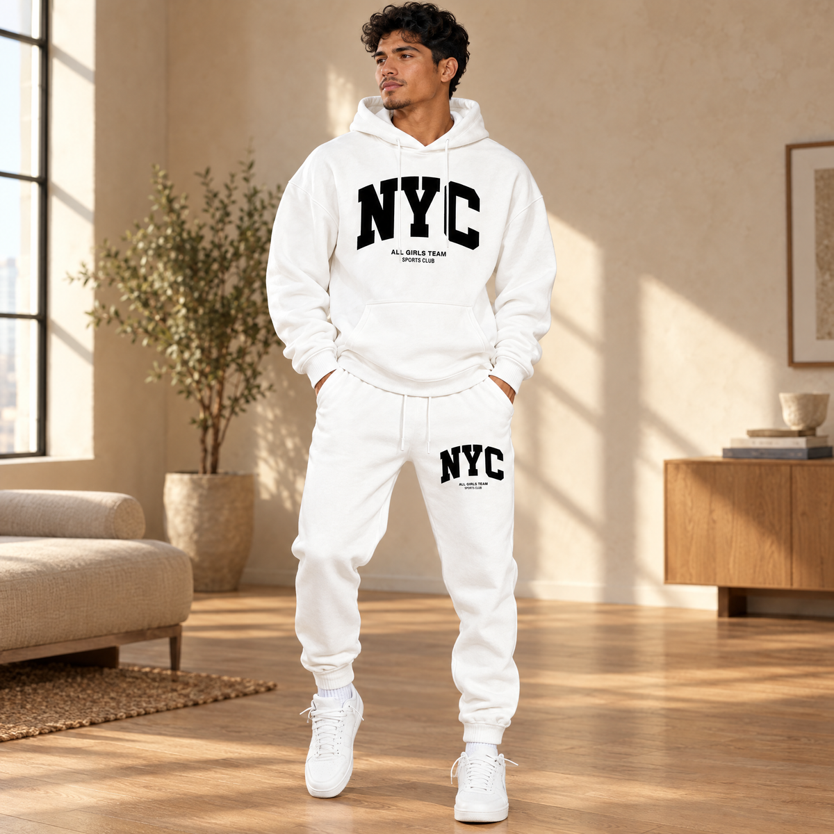 Men's NYC print hoodie & jogger set in White