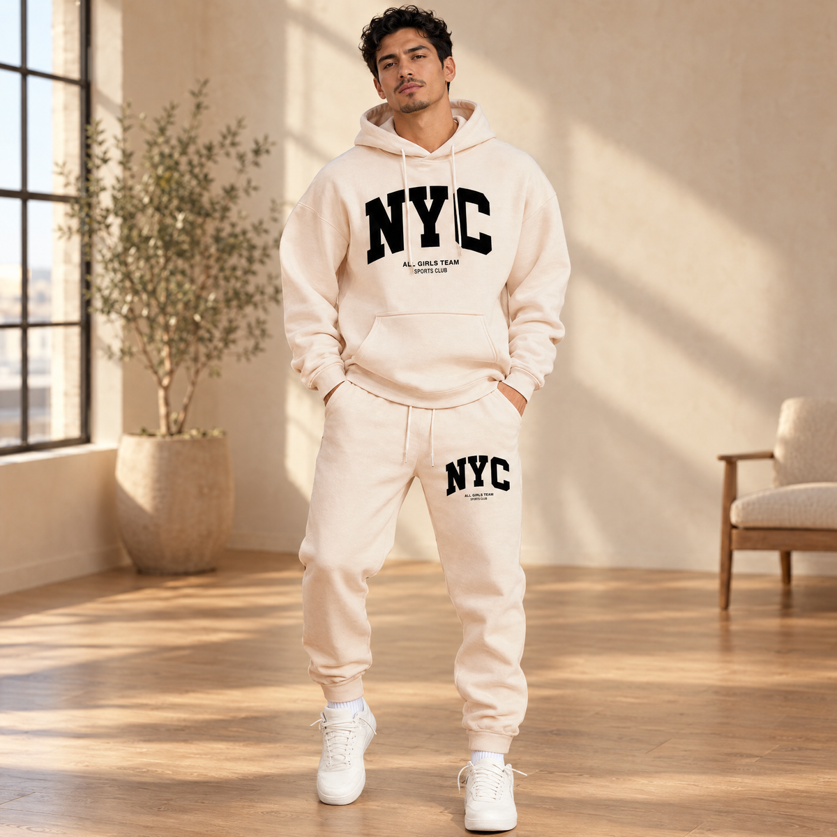 Men's NYC print hoodie & jogger set in Beige