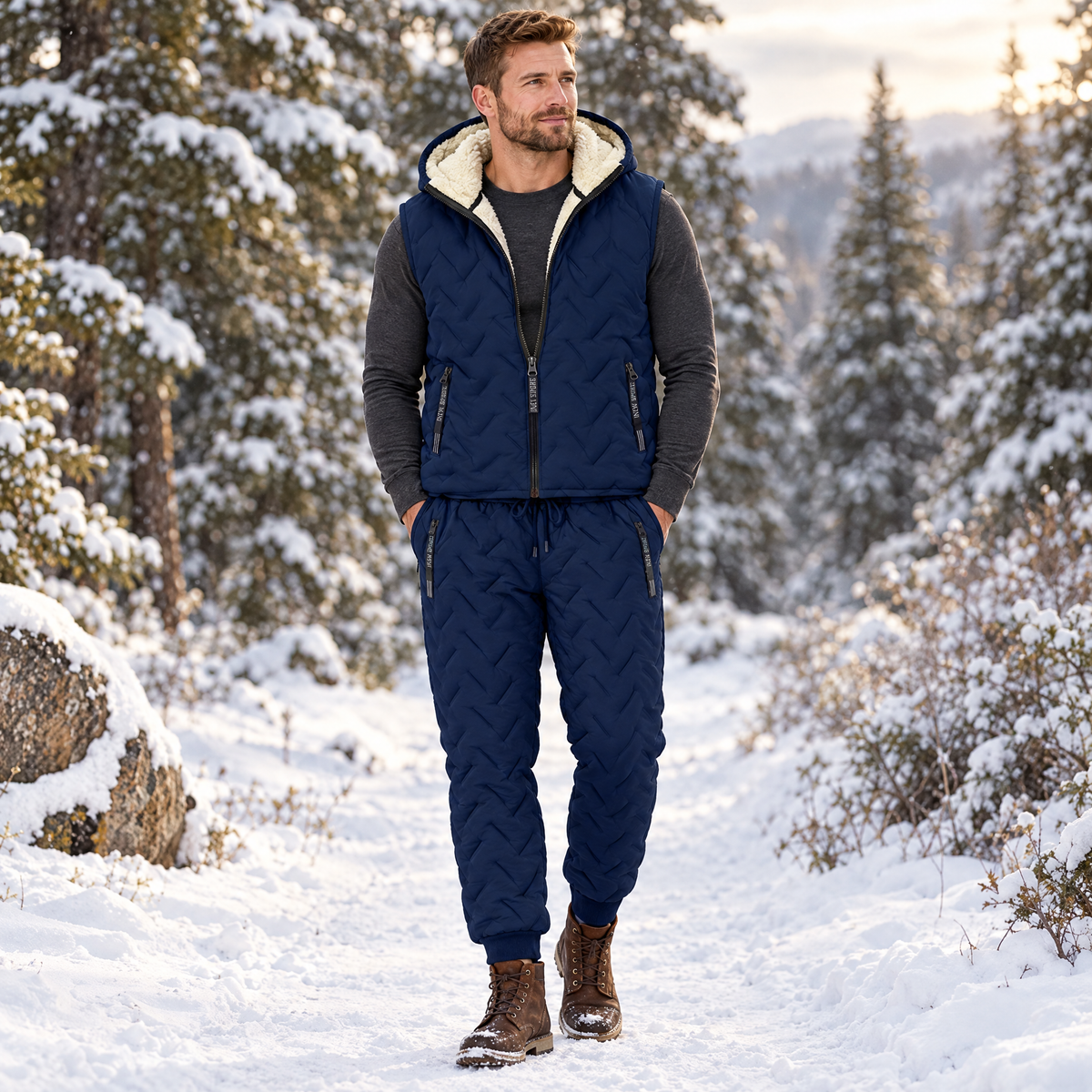 Men's winter warmer set – sherpa-lined hooded vest and padded joggers in Navy Blue