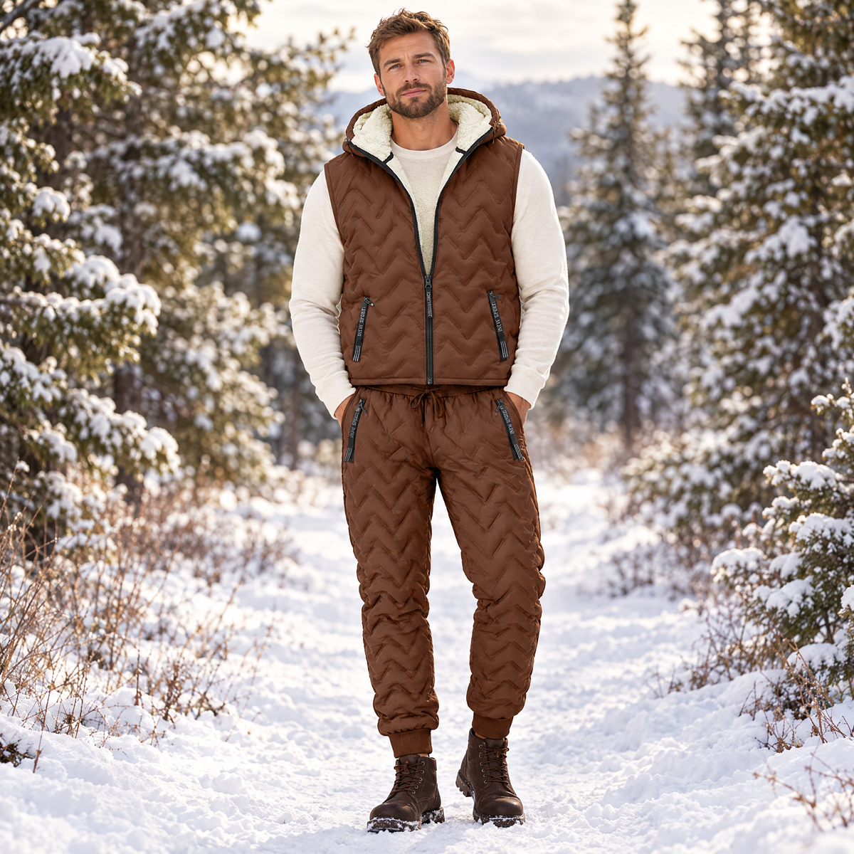 Men's winter warmer set – sherpa-lined hooded vest and padded joggers in Brown
