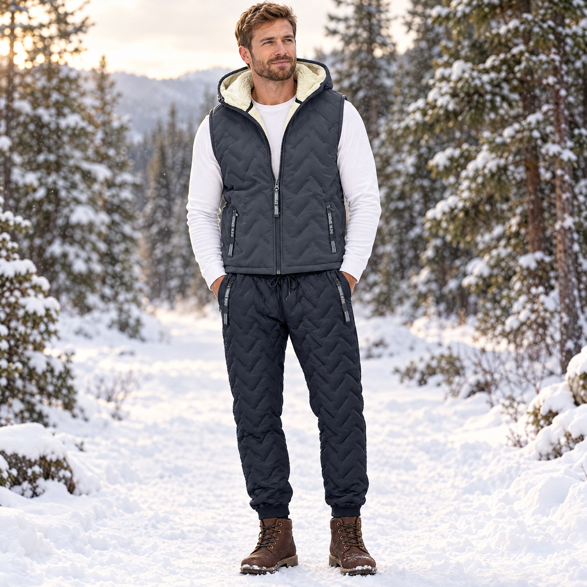 Men's winter warmer set – sherpa-lined hooded vest and padded joggers in Gray