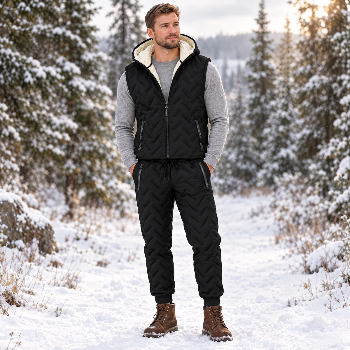 Men's winter warmer set – sherpa-lined hooded vest and padded joggers in Black