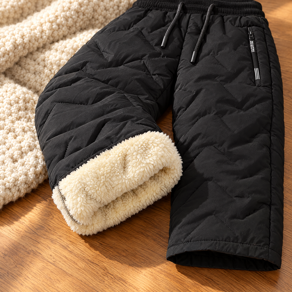 Close-up of the thick sherpa fleece lining inside the winter pants