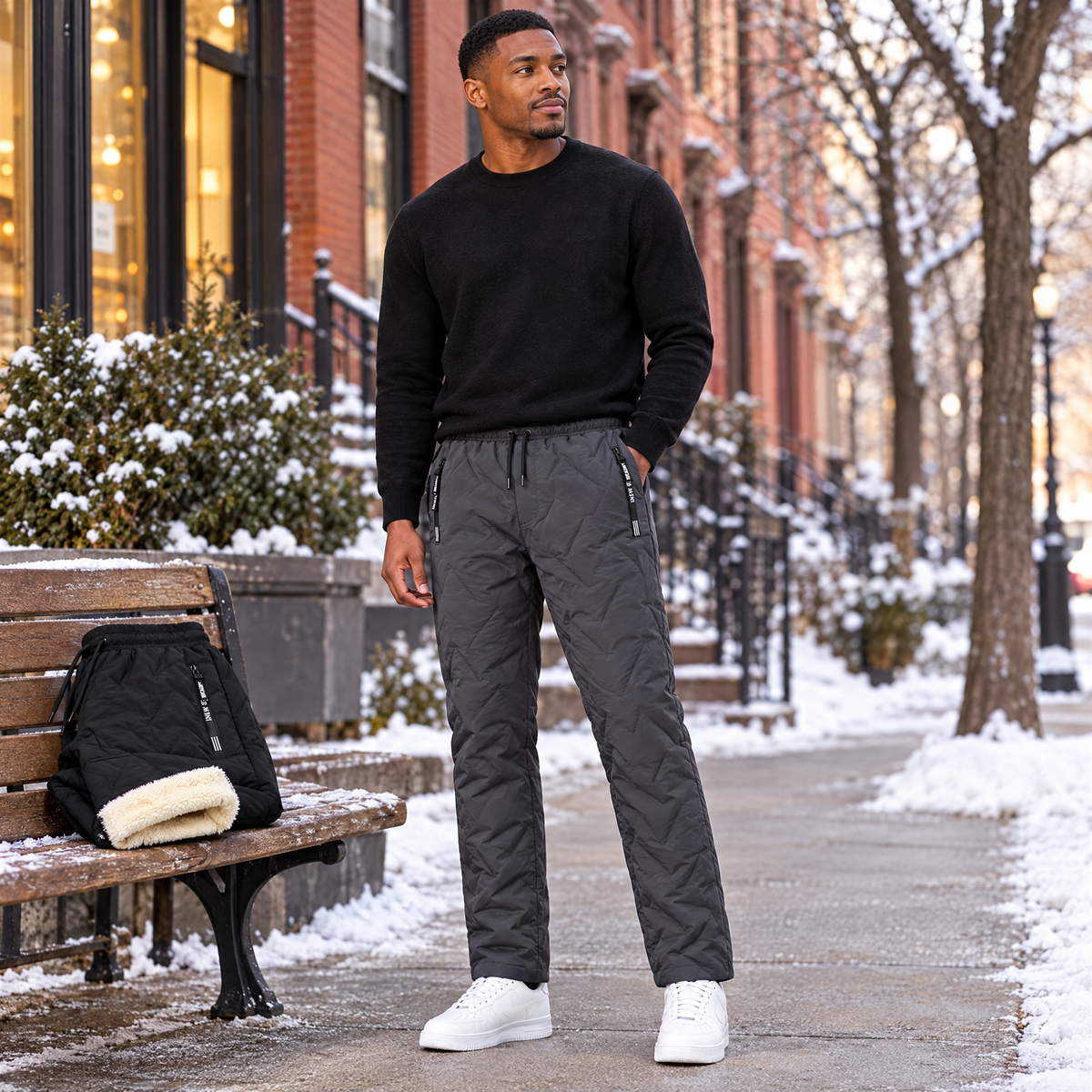 Model wearing the fleece-lined winter pants